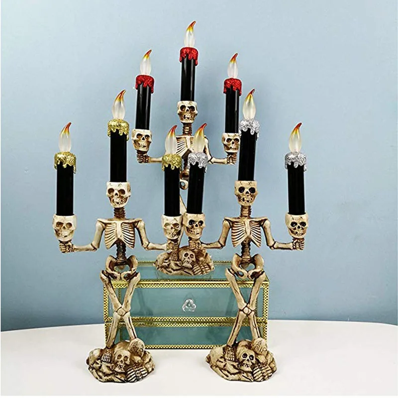 

Resin LED Candle Holder 3-arms Skull Skeleton Candle Stand For Home Halloween Party DIY Decoration Candlestick Art Props
