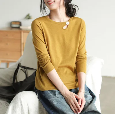 

women's autumn new long-sleeved retro loose literary t-shirt solid color tee top 99035