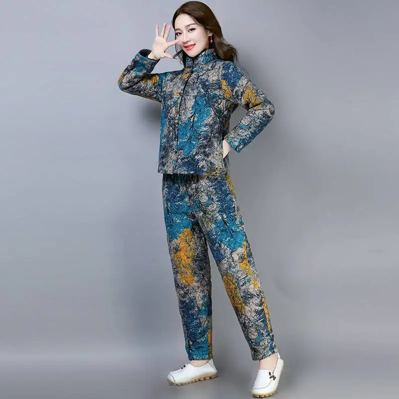 

2018 Autumn And Winter New Style Middle-aged Women Dress Cotton Linen Ethnic-Style Frog Stand Collar Thick Cotton-padded Clothes