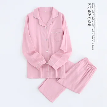 

Pure Cotton Gauze Couple Pajamas Thin Section Men and Women Long Sleeve Trousers Pink Home Suit Spring and Autumn Pujama Pyjamas