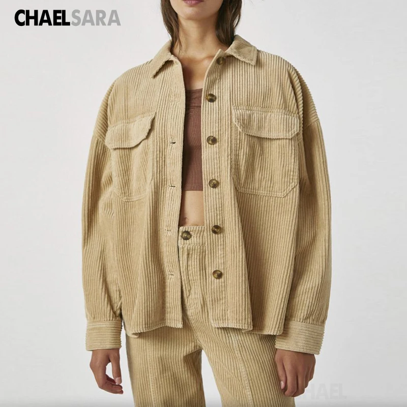

Fashion Khaki Corduroy Jacket Women Autumn Winter Casual Loose Shirt Coat Female Solid Overcoats