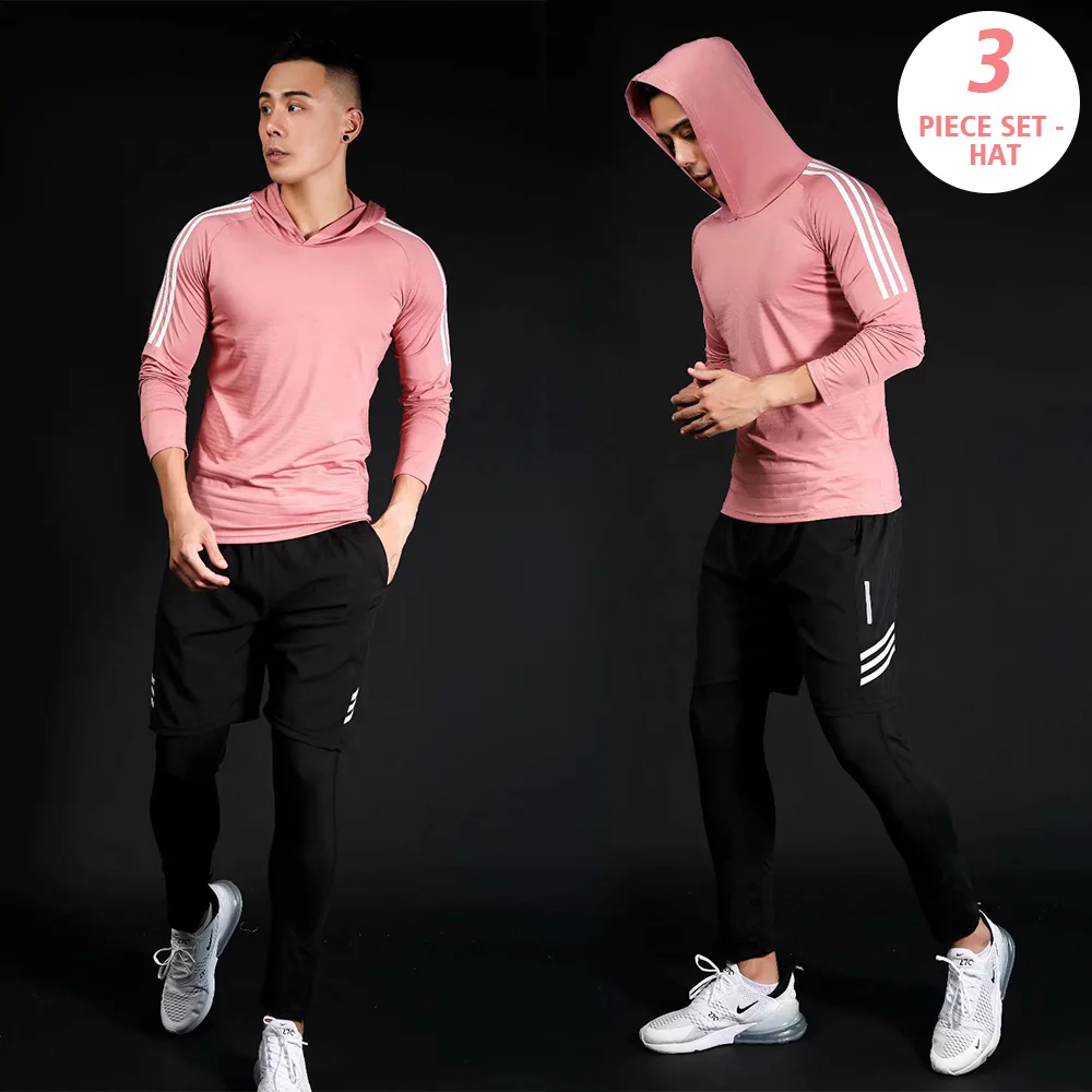 Мужской спортивный костюм, трико для спортзала, тренировочный костюм, мужская спортивная компрессионная рубашка для бега+ шапка, спортивная одежда для фитнеса и бега - Цвет: 3 piece set - pink