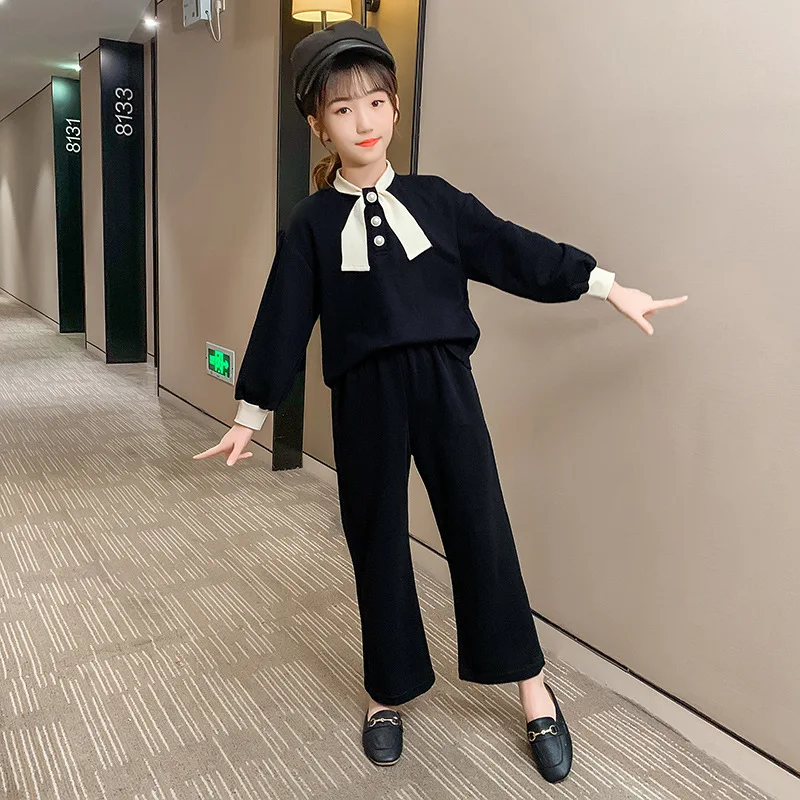 

2020 Girls Autumn Casual Fashionable Solid Color Bow Tie Two-piece Suit Set