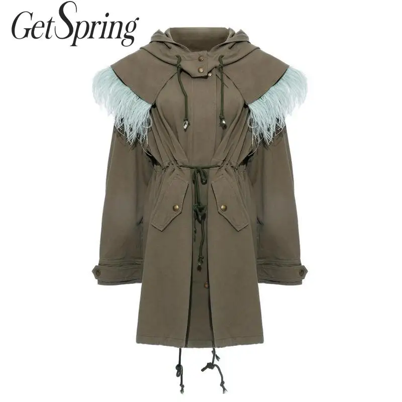 GetSpring Женская куртка со съемным страусиным ворсом Женское пальто с капюшоном