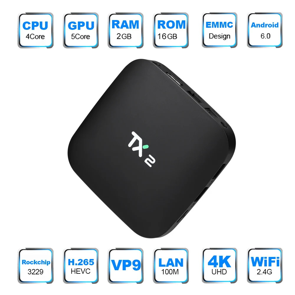 TX2 Smart Android tv Box Android 6,0 Rockchip RK3229 четырехъядерный UHD 4K VP9 H.265 мини-ПК 2 ГБ/16 ГБ DLNA WiFi LAN HD приставка