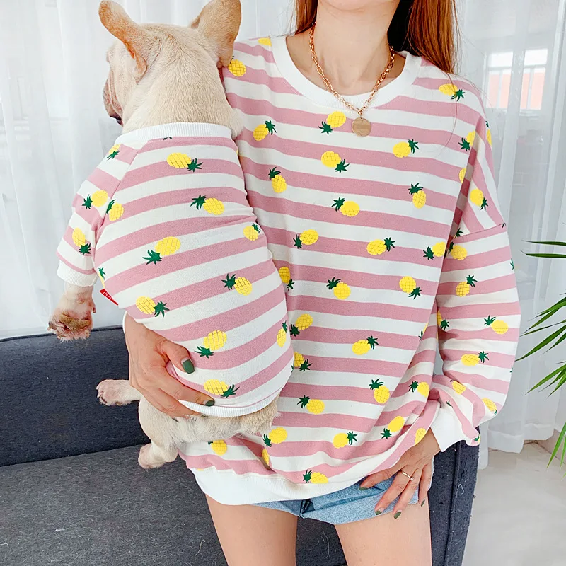 

Mommy and Me Mommy and Me Clothes Spring and Autumn Striped Pineapple Round Collar Pet T-Shirt Teddy Small Dog Cat