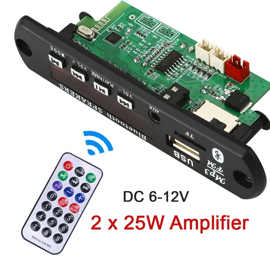 Placa decodificadora de reproductor MP3 para coche, amplificador de 2x25W, CC de 6-12V, módulo de Radio FM con Bluetooth 5,0, manos libres, con grabadoras TF USB AUX
