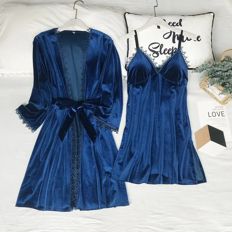 MECHCITIZ, осенне-зимний халат и платье, набор, сексуальная одежда для сна, женское нижнее белье, пижама, кружевной халат, для дома, для сна, домашняя пижама - Цвет: Синий