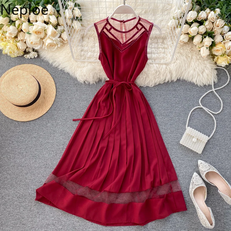 Neploe French Retro Lace Patchwork Sleeveless Long Dress High Waist Hip Sashes Pleat A Line Vestido Temperament Summer Ropa49133 |