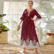 

2021 Autumn European Fashion Flora Print New Fashion Dress Plus Size Abaya Ankle Length Golden Ribbon Wedding Party