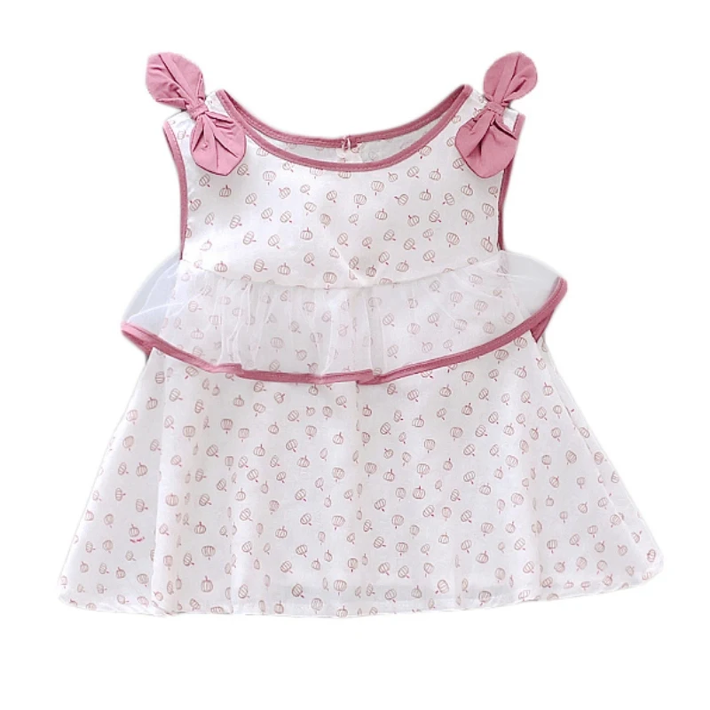 

New Bow-knot Cute Pullover S/M/L/XL O-Neck Summer Casual Fashion Baby Girl Cute Bow-knot Sleeveless Mesh Printing Princess Dress