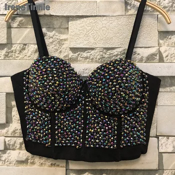 

Irene Tinnie Metal Bead Bustier Pearls Diamond Push Up NightClub Party Banquet Bralette Women's Bra Cropped Top Vest