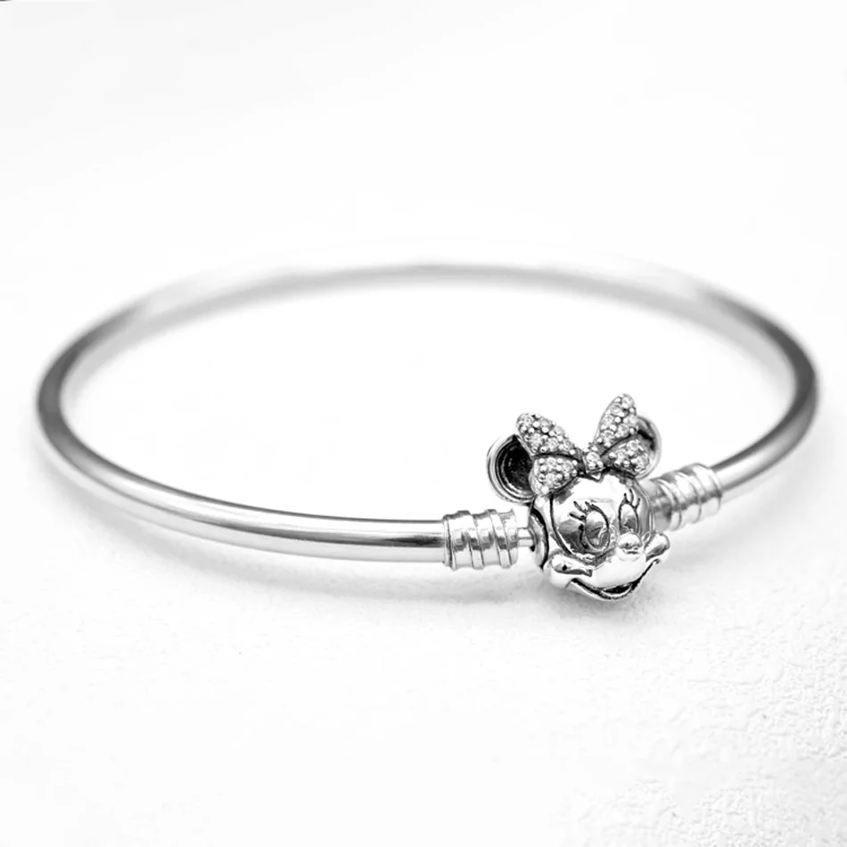 925 пробы серебряный браслет Минни Мерцающая портретная застежка змеиная цепочка браслет подходит для женщин бусины Шарм Diy ювелирные изделия