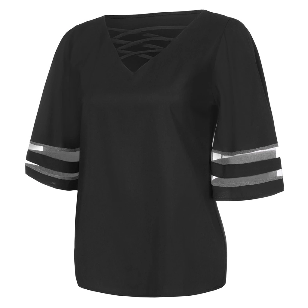 JAYCOSIN Fashion Loose Blouse Female V Neck Mesh Panel Blouses 3/4 Bell Sleeve Casual Loose Blouse Patchwork Ladies Girls 802