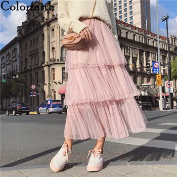 

Colorfaith 2019 Autumn Winter Women Ankle-Length Long Skirt Casual Elegant Tulle Multi Colors Sweet High Waist Female SK7315