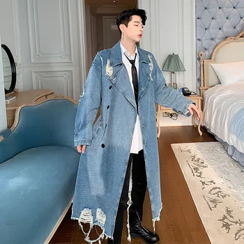

Men Vintage Fashion Streetwear Hip Hop Loose Long Denim Windbreaker Jacket Male Hole Punk Gothic Jean Trench Coat Overcoat