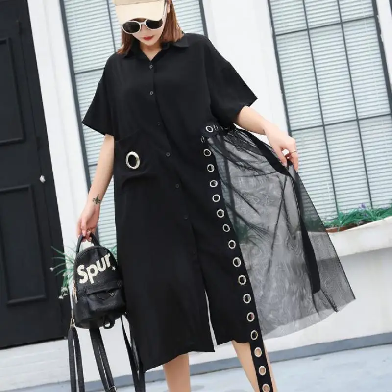 

Z-ZOUX Women Dress Mesh Patchwork Perspective Irregular Shirt Dress Asymmetry Black Long Dresse Loose 2019 New Fashion Loose