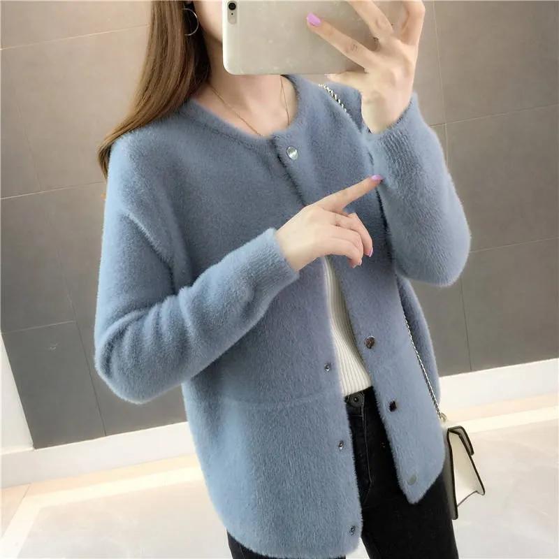 

Women 2019 Autumn Faux Mink Cashmere Cardigan Casual Elegant Solid Sweater Cardigan Ladies Thick Warm Knitted Sweaters
