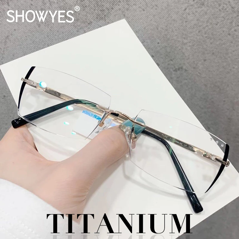 Gafas de lectura sin montura de titanio para hombre, anteojos de lectura para ordenador con prescripción, corte de diamante cuadrado, óptica|Gafas de lectura de - AliExpress