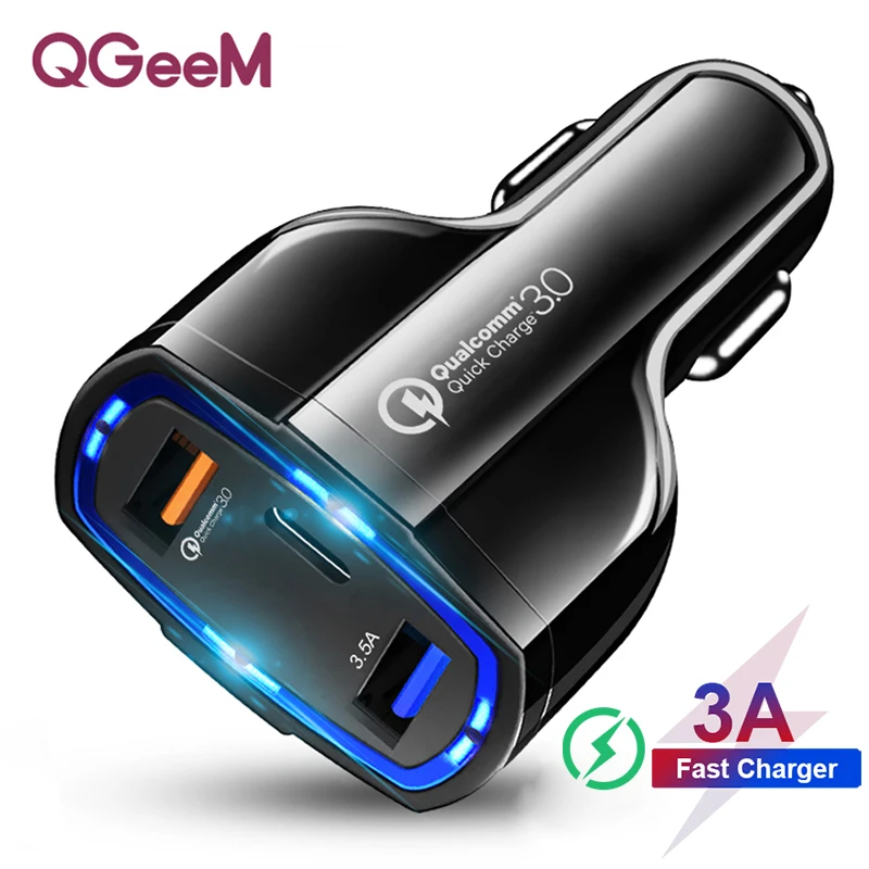 QGEEM QC 3,0 USB C автомобильное зарядное устройство с 3 портами Быстрая зарядка 3,0 быстрое зарядное устройство для автомобильного телефона зарядный адаптер для iPhone Xiaomi mi 9 Red mi