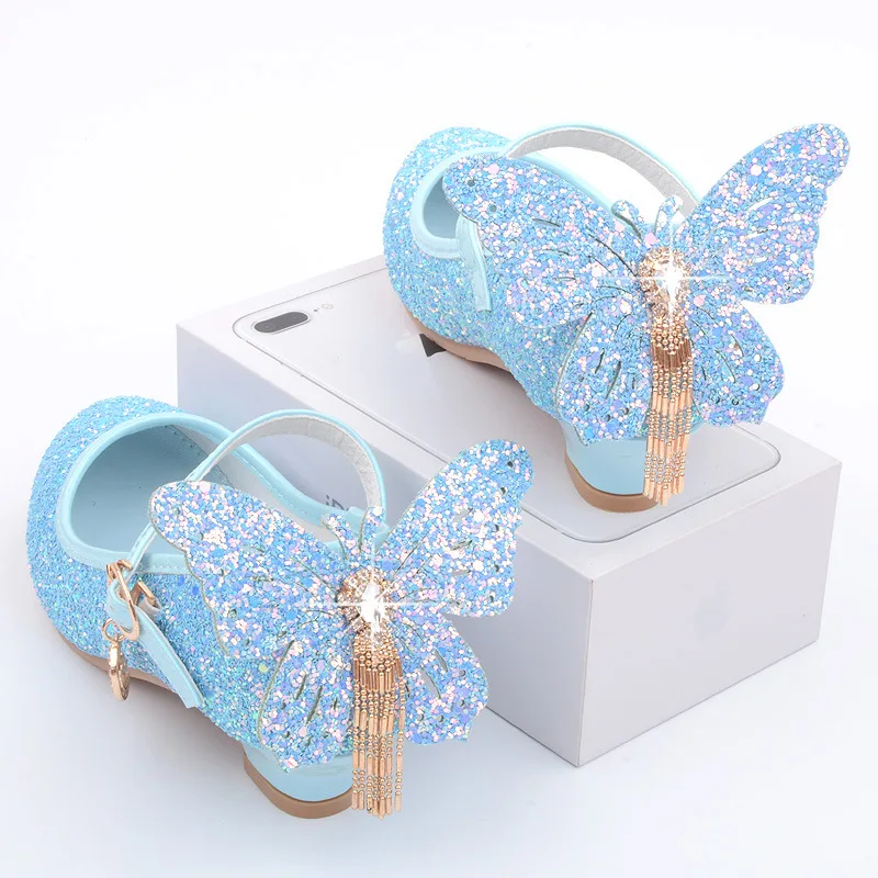 New Kids Leather Shoes Fashion Fringed Butterfly Knot Girls Princess Shoes Casual Glitter Children High Heel Student Dance Shoes 1