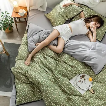 

30 Green Color Duvet Cover Bed Sheet Pillowcase with Purfle Floral Printed Double Bed Set ropa de cama Queen Bed Linen