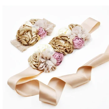 

Hair band&belt set lace curling pearl handmade rose flower ribbon belt princess dress accessories French multi-flower bow belt