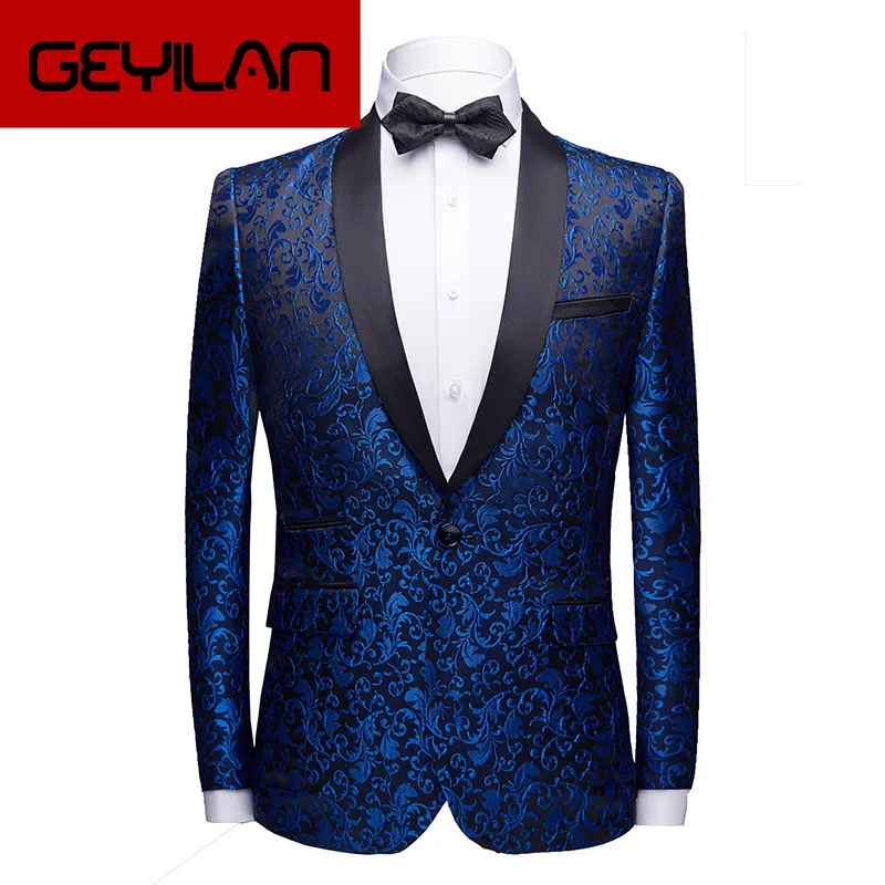 

Casual Suit Jacket Prom Party Blazers Man Coat Blazer 2019 Brand Mens Shawl Collar Blue Mens Slim Fit Floral Blazer Masculino