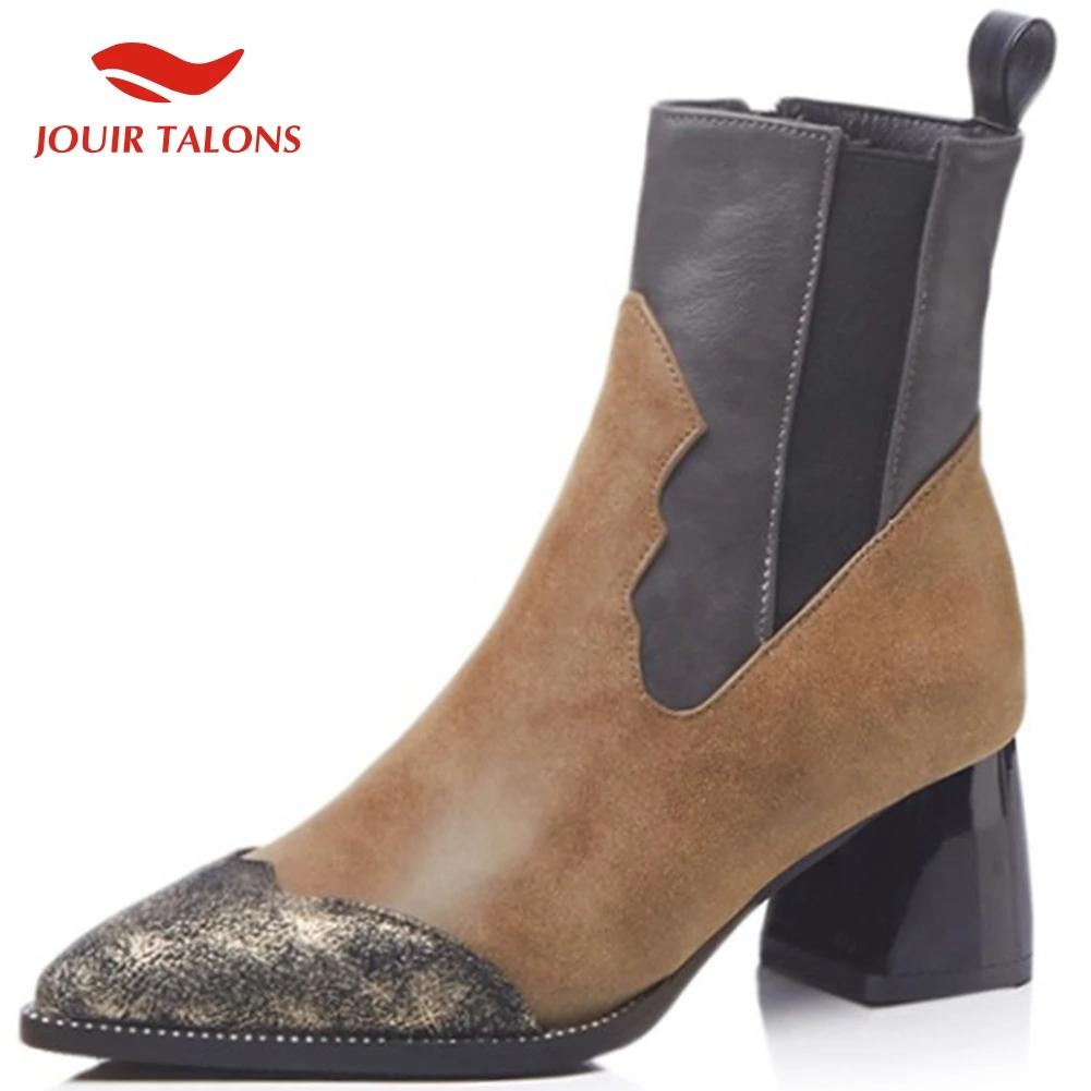 

JOUIR TALONS New Fashion big Size 32-48 Pointed Toe Ankle Boots Woman Shoes square Heels Mix Color INS Hot Shoes Women Boots