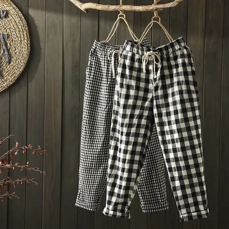 2021 Primavera Verano Plaid pantalones de las mujeres pantalones Capris harén cordón en la cintura gran tamaño Casual suelto de lino de algodón Pantalones de las mujeres