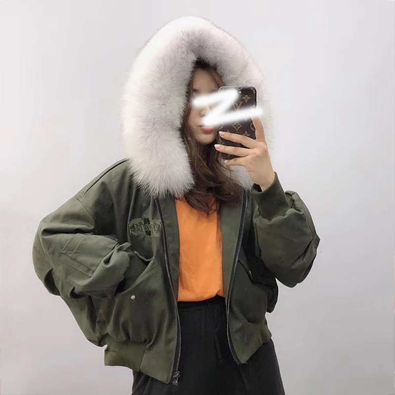 Winter female winter big fur collar Korean short puffer oversize down jacket fox hooded parka bomber women | Женская одежда