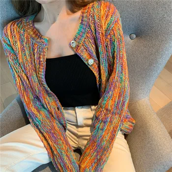 

Women's Cardigan Jacket Rainbow Outerwear Sweater Women's New Korean Loose Knit Top Spring Wild Lazy Cardigan Jacket PL161