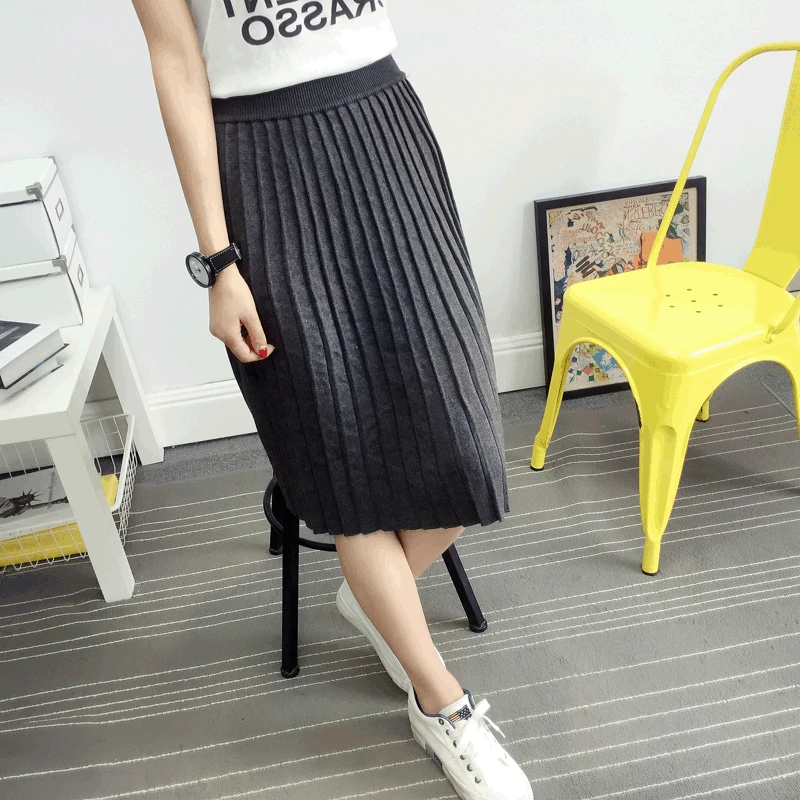 

Autumn Winter Elastic Knitted Pleated Skirt for Women Korean High Waisted Midi Skirts Black Gray Knitting Faldas Mujer Moda