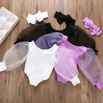

2020 Infant Kids Girls Round Neck Lace Mesh Pacthwork Rompers Playsuits Puff Long Sleeve Jumpsuits Baby Clothing Outfits 0-12M