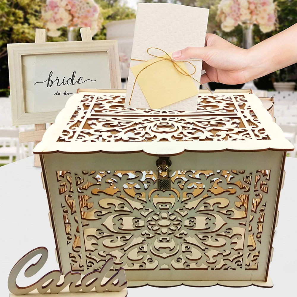 

DIY Wedding Envelope Gift Card Box Beautiful Wedding Decoration Wooden Money Box with Lock for Birthday Party Storage Money