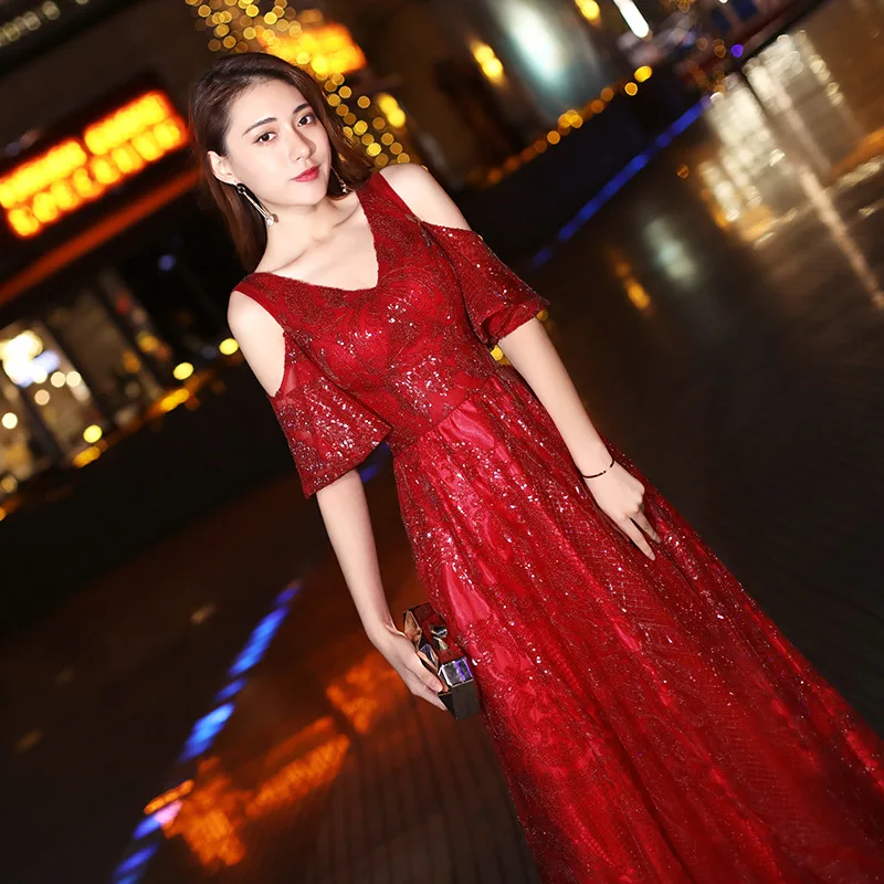 Красные элегантные вечерние платья для женщин трапециевидные с двойным v-образным вырезом с коротким рукавом из тюля блестящие вечерние платья Vestito Lungo