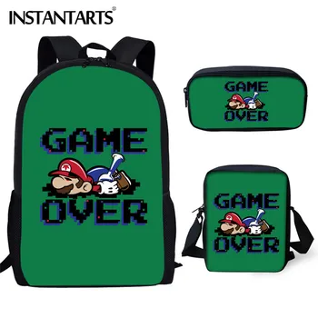 

INSTANTARTS Game Over 3pcs Set Backpack Super Mario bros School Bag for Girl Boy Kids Children Satchel High Anime Japan Bookbag