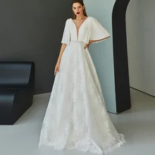 Boho Bridal Dresses 2021 A-Line V-Neck Half Batwing Sleeve Lace Elegant Appliques Ruched Wedding Gowns Button Back Court Train