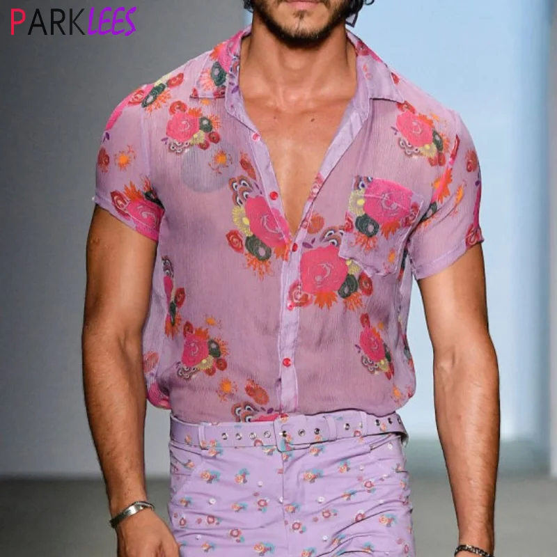 Floral Transparan Lace Sheer Shirt Pria 