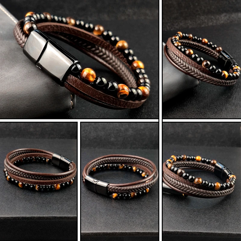 4Pcs/ Set Braided Wrap Leather Bracelets for Men VintageTiger eyes stone Charm stainless steel men Beads Ethnic Tribal Wristband