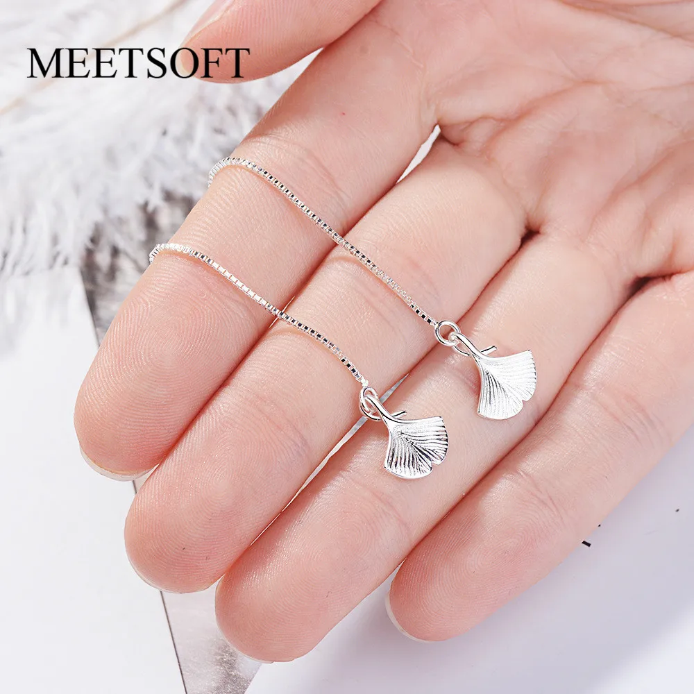 MEETSOFT 925 Sterling Silver Prevent Allergy Drop Earrings for Women Trendy Design Small Ginkgo Biloba Jewelry Gift | Украшения и