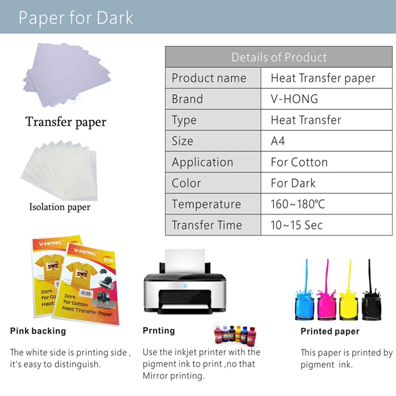 Papel de Impressão de Transferência do T-camisa do Inkjet Escuro e Claro das Transferências de Calor do T-camisa Pacote Ferro-no Papel 8.26x11.7 12 e claro das transferências de calor do t-camisa