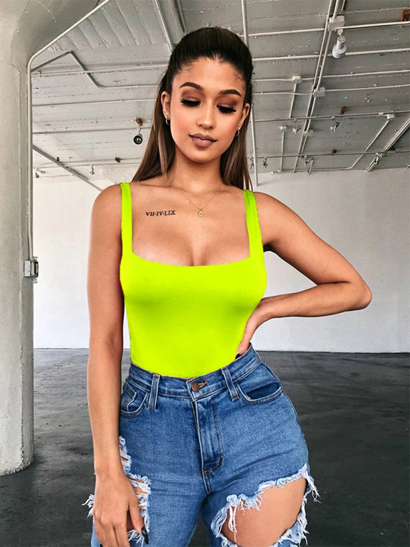 Nadafair Sexy Off Shoulder Bodysuit Women Summer Square Collar Neon Bodysuit Tops Bodycon Rompers Overall For Women