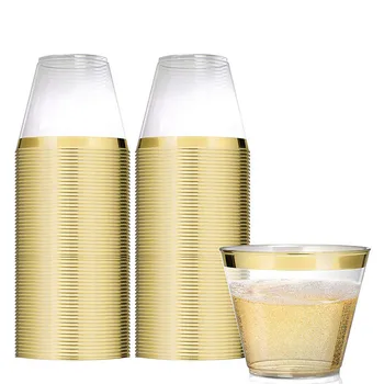 

Gold Rim Disposable Plastic Cups 9OZ Wedding Party Tumblers Gold Bronzing Drinking Cup Christmas Party Utensil 25/50/100pcs