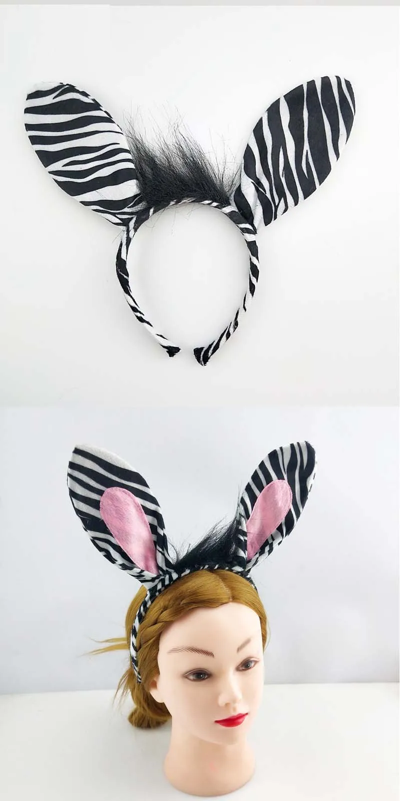Kids Women Cartoon Animal Zebra Long Ear Headband Headwear Birthday Party Cosplay Costume Halloween Christmas Props Baby Shower