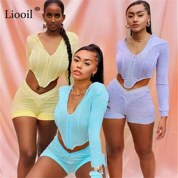 

Sexy Asymmertric Two Piece Set Women 2020 Fall Hooded T Shirt With Zipper and Shorts Long Sleeve V Neck Tight Womens 2pcs Sets