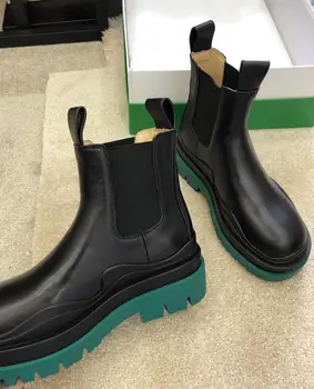 

XOBZJH Women Black Chelsea Boots For Women Luxury Designer B Brand Genuine Leather Boots Handmade Flat Platform Winter Shoes
