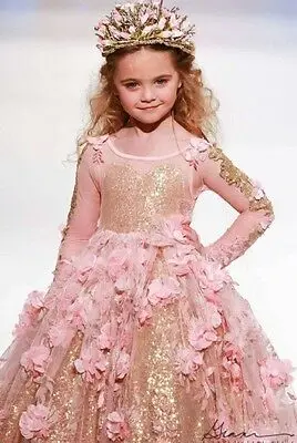 Роскошные блестящие Пышные Платья с цветочным узором для девочек; розовое детское бальное платье с длинными рукавами и аппликацией