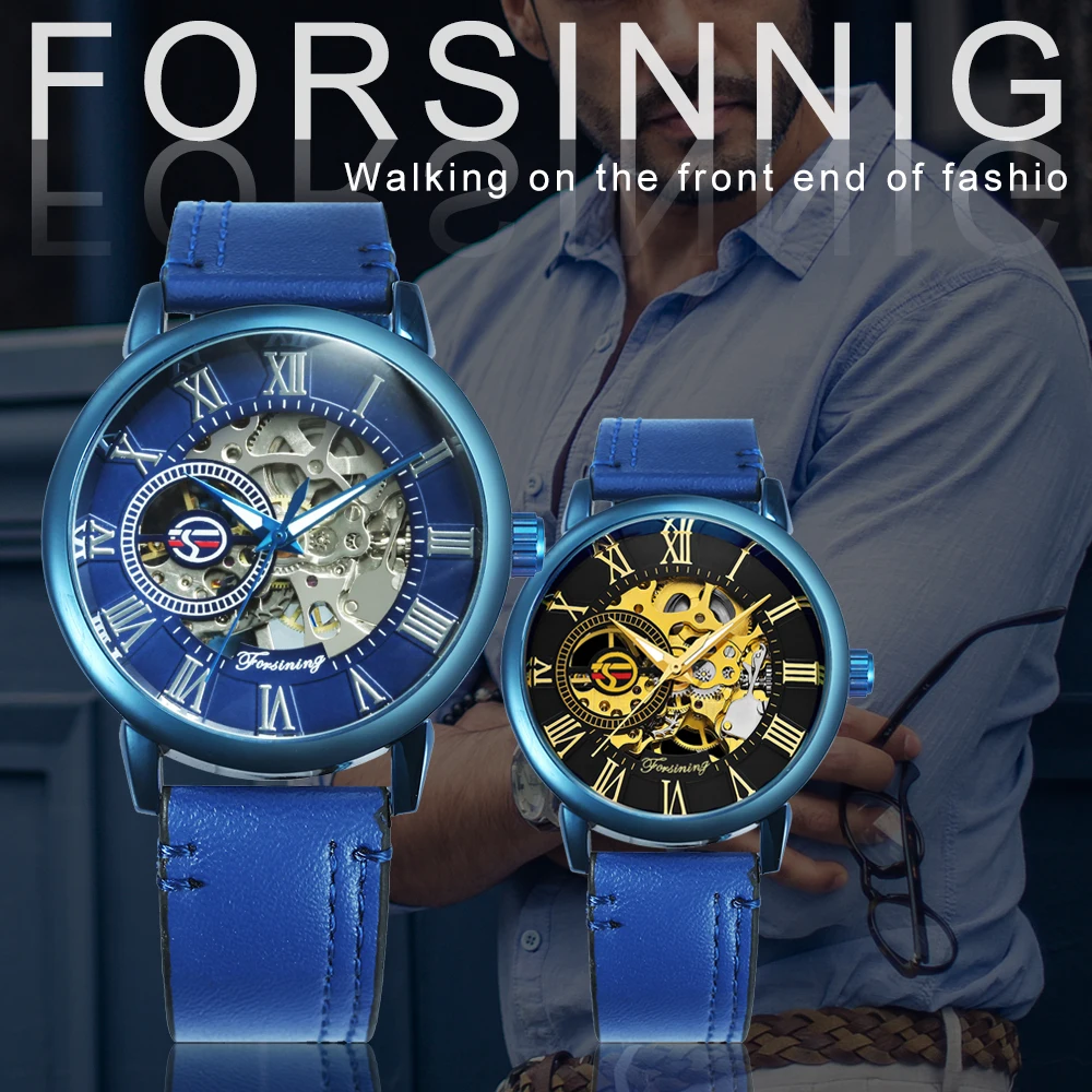 FORSINING новые мужские модные часы, мужские механические часы с синим скелетом, мужские часы от ведущего бренда, Роскошные наручные часы с кожаным ремешком