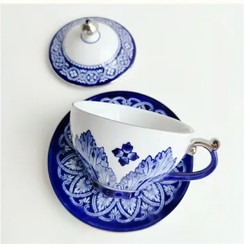 

Blue Glaze Mugs Coffee Cups Afternoon Tea Set European Small Luxury Ceramic Cup Dish Set Household Coffee Mug with Saucer Lid